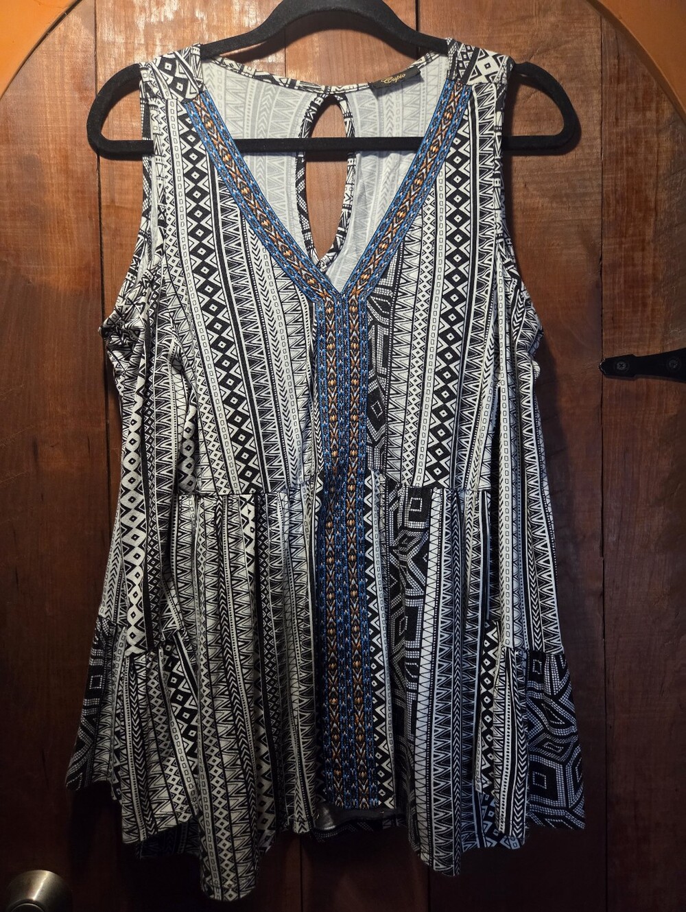 Sleeveless Tribal Print V-Neck Tunic with Blue Trim